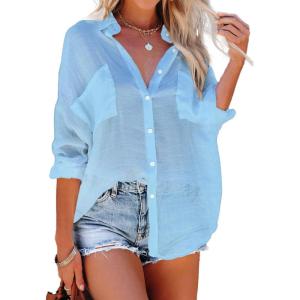 imageBsubseach Button Down Swim Cover Up Shirt Sexy Long Sleeve Beach Blouse Bathing Suit Cover Ups for WomenLight Blue