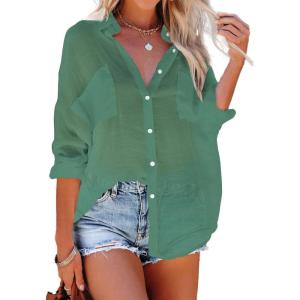 imageBsubseach Button Down Swim Cover Up Shirt Sexy Long Sleeve Beach Blouse Bathing Suit Cover Ups for WomenLight Green