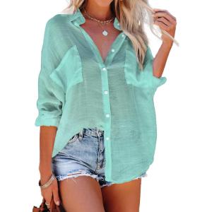 imageBsubseach Button Down Swim Cover Up Shirt Sexy Long Sleeve Beach Blouse Bathing Suit Cover Ups for WomenMint Green