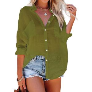 imageBsubseach Button Down Swim Cover Up Shirt Sexy Long Sleeve Beach Blouse Bathing Suit Cover Ups for WomenOlive Green