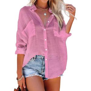 imageBsubseach Button Down Swim Cover Up Shirt Sexy Long Sleeve Beach Blouse Bathing Suit Cover Ups for WomenPink