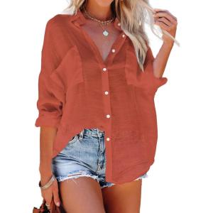 imageBsubseach Button Down Swim Cover Up Shirt Sexy Long Sleeve Beach Blouse Bathing Suit Cover Ups for WomenRust Red