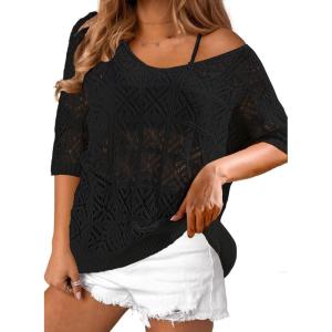 imageBsubseach Crochet Coverup Top Hollow Out Beach Cover Up Short Sleeve Summer Sweater 2025 Swimsuit Cover up for WomenBlack