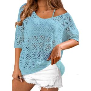imageBsubseach Crochet Coverup Top Hollow Out Beach Cover Up Short Sleeve Summer Sweater 2025 Swimsuit Cover up for WomenWathet