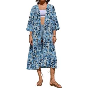 imageBsubseach Kimono Cardigans for Women Swimsuit Cover Up Open Front 34 Sleeve Long Kimono Beach Cover UpBlue