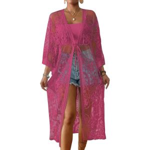 imageBsubseach Kimonos for Women Lace Sexy Swimsuit Cover Ups Open Front Beach Robe Summer CardiganDdark Rose