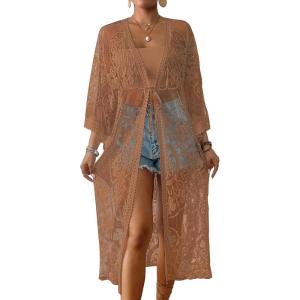imageBsubseach Kimonos for Women Lace Sexy Swimsuit Cover Ups Open Front Beach Robe Summer CardiganDkhaki