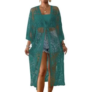 imageBsubseach Kimonos for Women Lace Sexy Swimsuit Cover Ups Open Front Beach Robe Summer CardiganDpeacock Blue