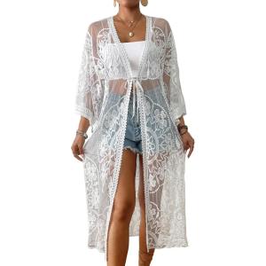 imageBsubseach Kimonos for Women Lace Sexy Swimsuit Cover Ups Open Front Beach Robe Summer CardiganDwhite