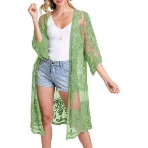 imageBsubseach Lace Kimonos for Women 2025 Beach Mesh Duster Cardigan Open Front Swimsuit Cover UpsAlight Green