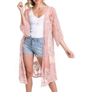 imageBsubseach Lace Kimonos for Women 2025 Beach Mesh Duster Cardigan Open Front Swimsuit Cover UpsApink