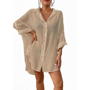 imageBsubseach Linen Bathing Suit Cover Up Shirt Women Button Down Beach Cover Ups Split Tie Swimsuit Coverup BlouseApricot