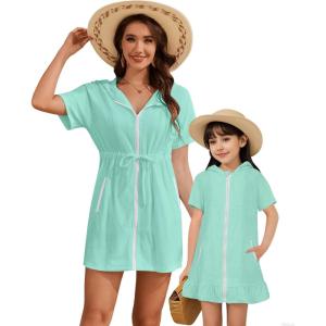 imageBsubseach Mommy and Me Terry Cloth Swimsuit Coverup for Women Hooded Bathing Suit Cover Up Pockets Zip RobesCyan