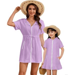 imageBsubseach Mommy and Me Terry Cloth Swimsuit Coverup for Women Hooded Bathing Suit Cover Up Pockets Zip RobesPurple