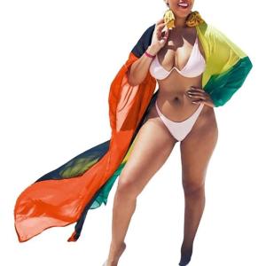 imageBsubseach Plus Size Women Chiffon Beach Bikini Cover Up Colorful Splicing Kimono CardiganBright Orange