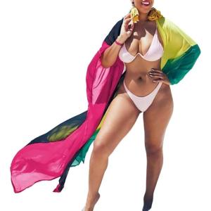 imageBsubseach Plus Size Women Chiffon Beach Bikini Cover Up Colorful Splicing Kimono CardiganRose