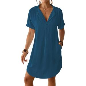 imageBsubseach Shirt Swimsuit Coverup for Women Short Sleeve Bathing Suit Cover Up V Neck Beach Dress Summer Outfit Resort WearNavy Blue