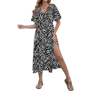 imageBsubseach Swimsuit Cover Up for Women Deep V Neck Short Sleeve Beach Dress Zebra Print Side High Slit Kaftan Summer BeachwearBlack