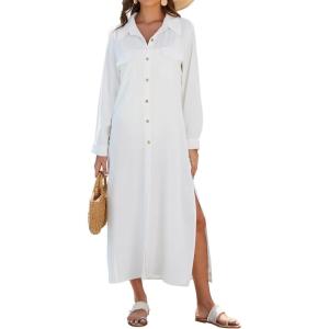 imageBsubseach Swimsuit Cover Ups for Women Long Sleeve Shirt Cover Up Dress Beach Vacation Clothes Sundresses Resort WearWhite