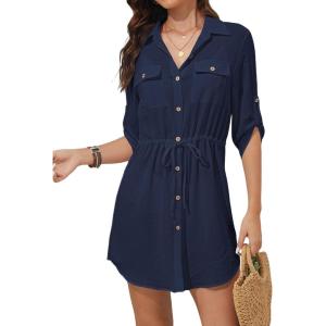 imageBsubseach Swimsuit Coverup Shirt Dress Beach Vacation Clothes for Women Button Down Cover Ups Resort WearNavy Blue