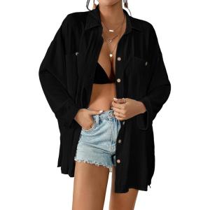 imageBsubseach Swimsuit Coverup for Women 2025 Button Down Linen Beach Shirt Dress Bathing Suit Cover Ups Cruise OutfitsBlack2