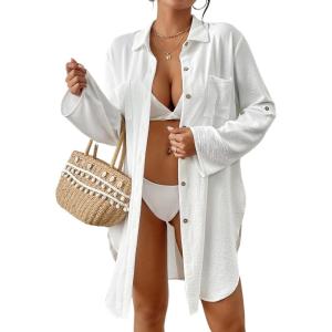 imageBsubseach Swimsuit Coverup for Women 2025 Button Down Linen Beach Shirt Dress Bathing Suit Cover Ups Cruise OutfitsWhite