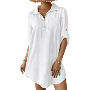 imageBsubseach Swimsuit Coverup for Women 34 Sleeve Bathing Suit Cover Up Polo Shirt Beach Dress Vacation OutfitsWhite