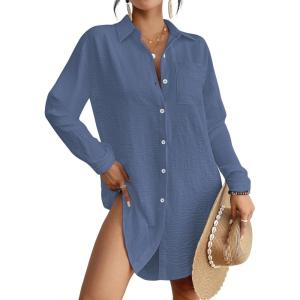 imageBsubseach Swimsuit Coverup for Women Button Down Beach Cover Ups Long Sleeve Shirt Dress Modern Blouse TopAiry Blue