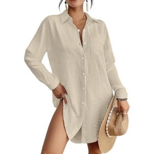 imageBsubseach Swimsuit Coverup for Women Button Down Beach Cover Ups Long Sleeve Shirt Dress Modern Blouse TopApricot