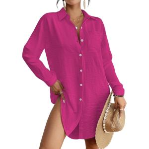 imageBsubseach Swimsuit Coverup for Women Button Down Beach Cover Ups Long Sleeve Shirt Dress Modern Blouse TopRose Red