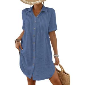 imageBsubseach Swimsuit Coverup for Women V Neck Bathing Suit Cover Up Short Sleeve Causal Bikini Button Down ShirtBlue