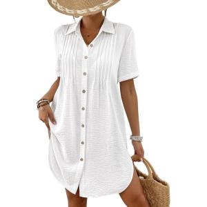 imageBsubseach Swimsuit Coverup for Women V Neck Bathing Suit Cover Up Short Sleeve Causal Bikini Button Down ShirtWhite