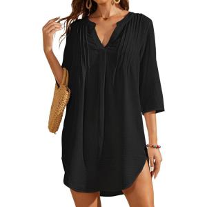 imageBsubseach Swimsuit Coverup for Women VNeck Bathing Suit Cover Up Summer Causal Short Sleeve Beach DressBlack
