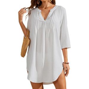 imageBsubseach Swimsuit Coverup for Women VNeck Bathing Suit Cover Up Summer Causal Short Sleeve Beach DressWhite