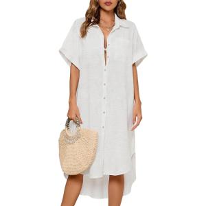 imageBsubseach Women Bathing Suit Cover Up Bikini Coverup Button Down Shirt DressWhite