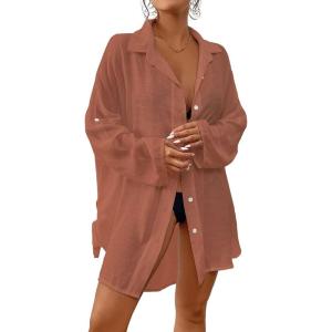 imageBsubseach Women Button Down Beach Shirt Cover Up for Swimwear Blouse TopsPbrick Red