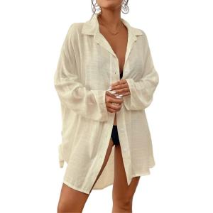 imageBsubseach Women Button Down Beach Shirt Cover Up for Swimwear Blouse TopsPivory White
