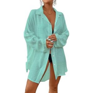 imageBsubseach Women Button Down Beach Shirt Cover Up for Swimwear Blouse TopsPlight Cyan