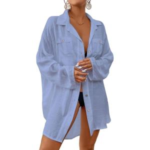 imageBsubseach Women Button Down Beach Shirt Cover Up for Swimwear Blouse TopsWithout Tielight Blue