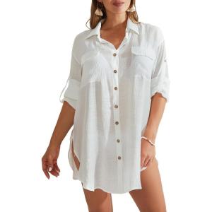 imageBsubseach Women Button Down Rolled Cuffed Long Sleeve Shirt Side Slit Collared Blouses with Pockets Oversized Rayon TopsWhite1