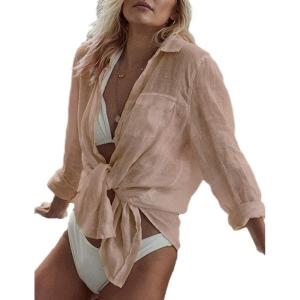 imageBsubseach Women Long Sleeve Beach Shirt Blouses Bathing Suit Cover Up Button Down CollarApricot