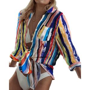 imageBsubseach Women Long Sleeve Beach Shirt Blouses Bathing Suit Cover Up Button Down CollarBlue Yellow Mix