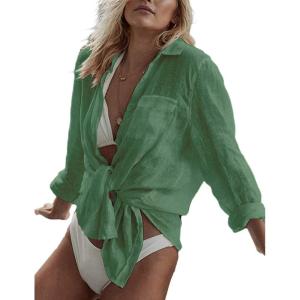 imageBsubseach Women Long Sleeve Beach Shirt Blouses Bathing Suit Cover Up Button Down CollarGgreen