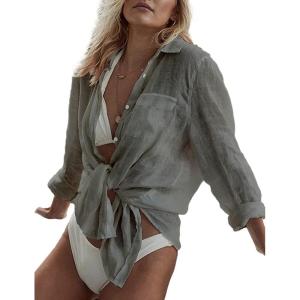 imageBsubseach Women Long Sleeve Beach Shirt Blouses Bathing Suit Cover Up Button Down CollarGgrey