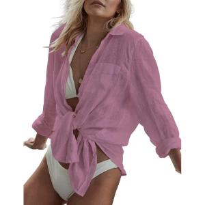 imageBsubseach Women Long Sleeve Beach Shirt Blouses Bathing Suit Cover Up Button Down CollarGpink