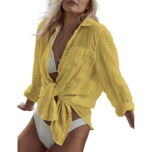 imageBsubseach Women Long Sleeve Beach Shirt Blouses Bathing Suit Cover Up Button Down CollarGyellow