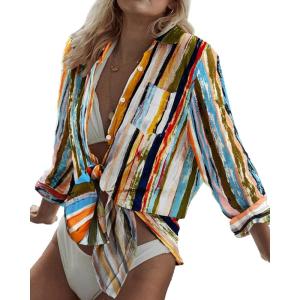 imageBsubseach Women Long Sleeve Beach Shirt Blouses Bathing Suit Cover Up Button Down CollarOrange White Mix