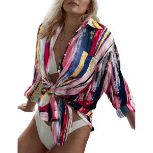 imageBsubseach Women Long Sleeve Beach Shirt Blouses Bathing Suit Cover Up Button Down CollarRed Yellow Mix