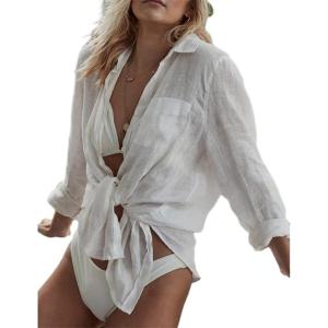 imageBsubseach Women Long Sleeve Beach Shirt Blouses Bathing Suit Cover Up Button Down CollarWhite