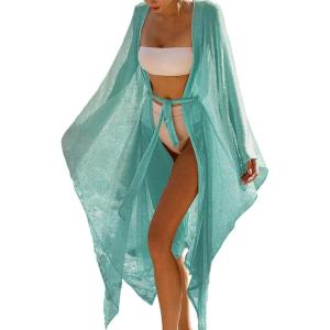 imageBsubseach Women Sparkly Kimono Swimsuit Cover Up Open Front Sheer Loose Long Cardigan Beach Cover UpsLight Green